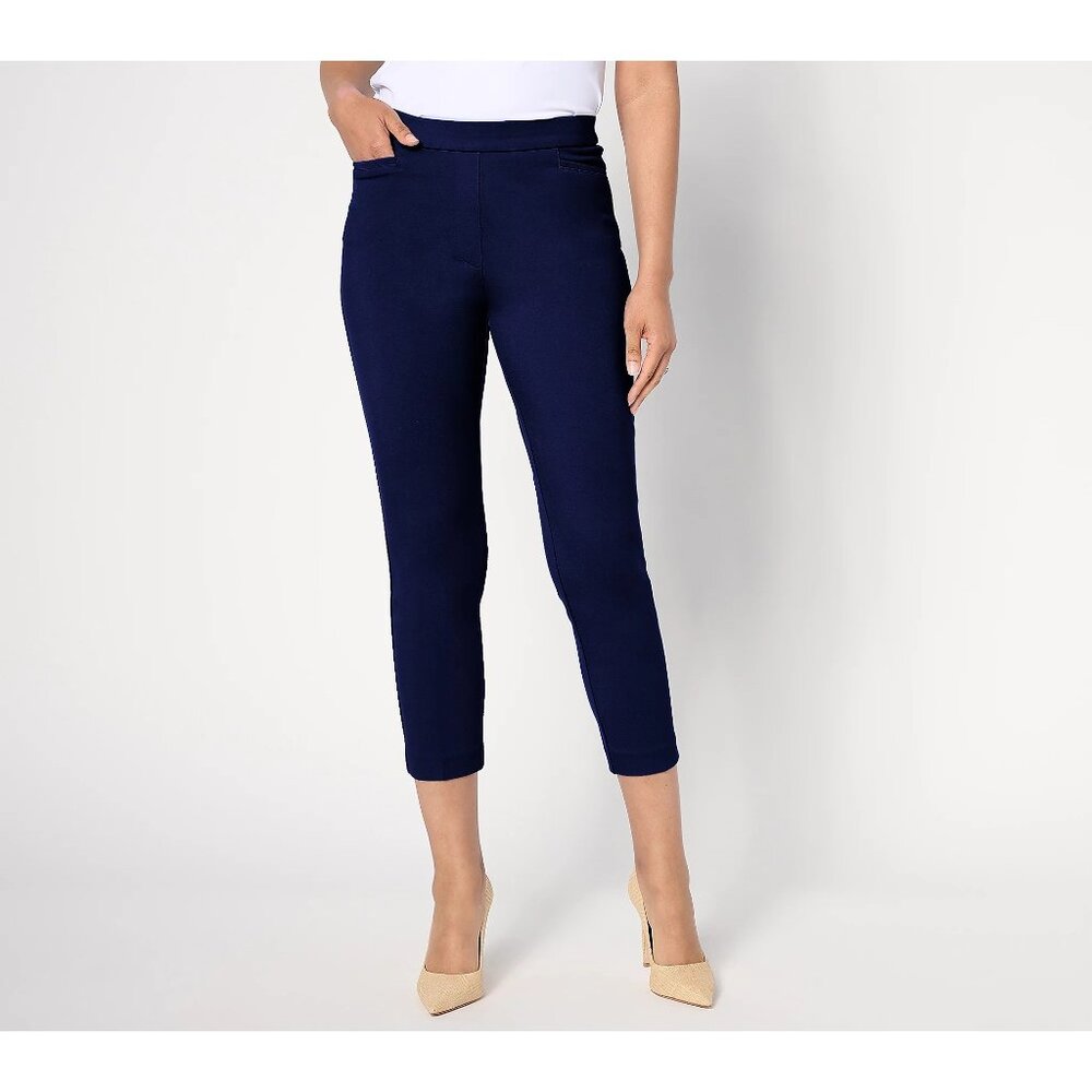 Susan Graver Petite Status Stretch Ponte Slim Leg Crop Pant Size Large Navy Blue